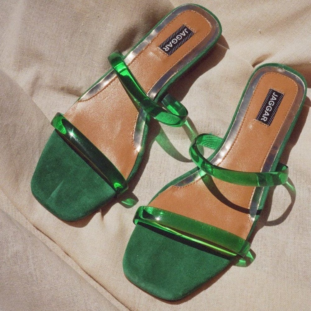 Jaggar Emerald Green Perspex Suede Clear Strap Slide Sandals Summer Casual